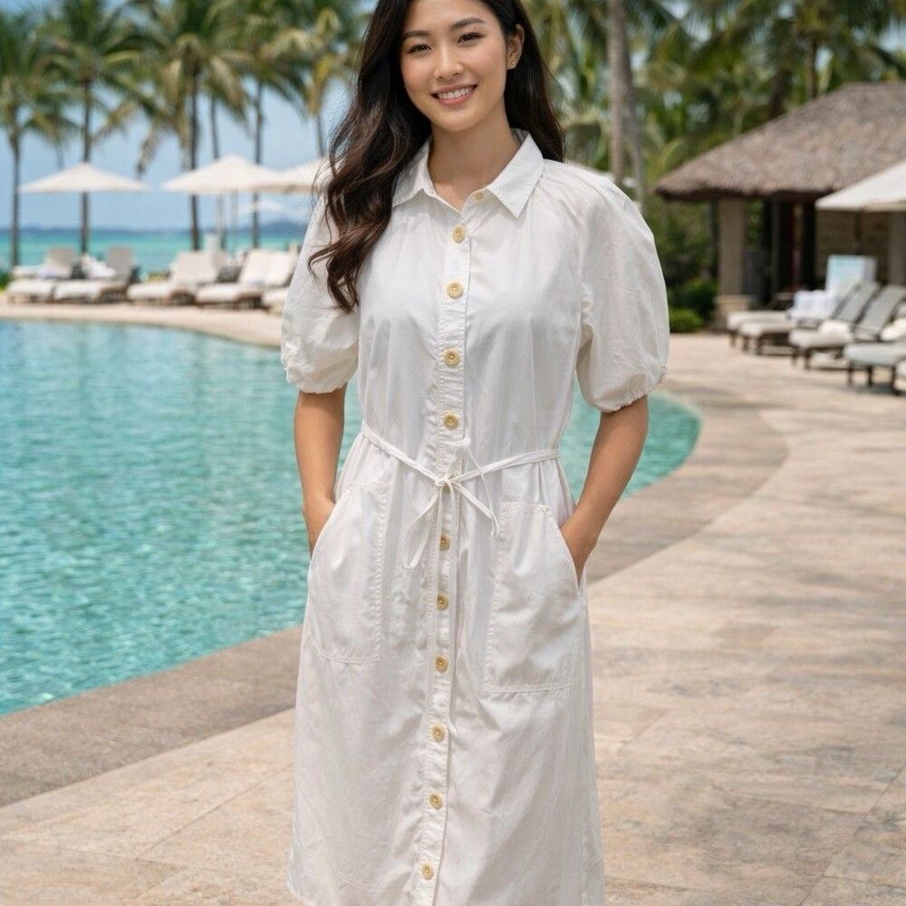 J. Crew Maxi Shirt Dress Cotton Poplin Size M White Collard Puff Sleeves NWT